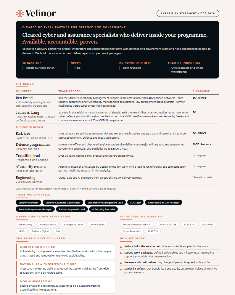 First page of the Velinor capability statement: the bench, roles, track record and how we work